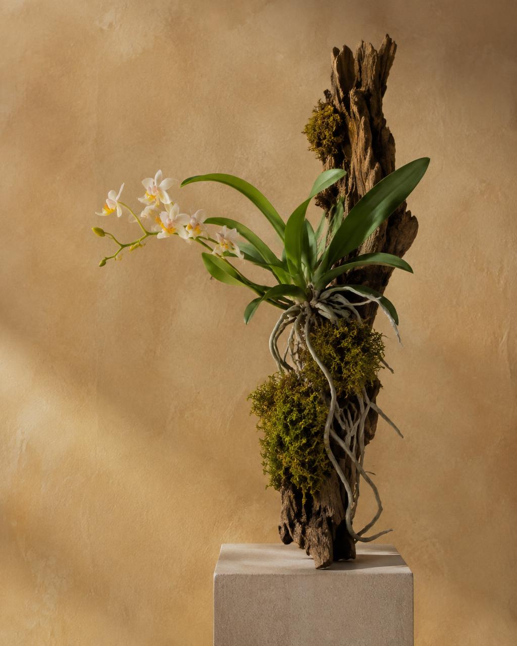 Orchid growing on bark with lush green foliage