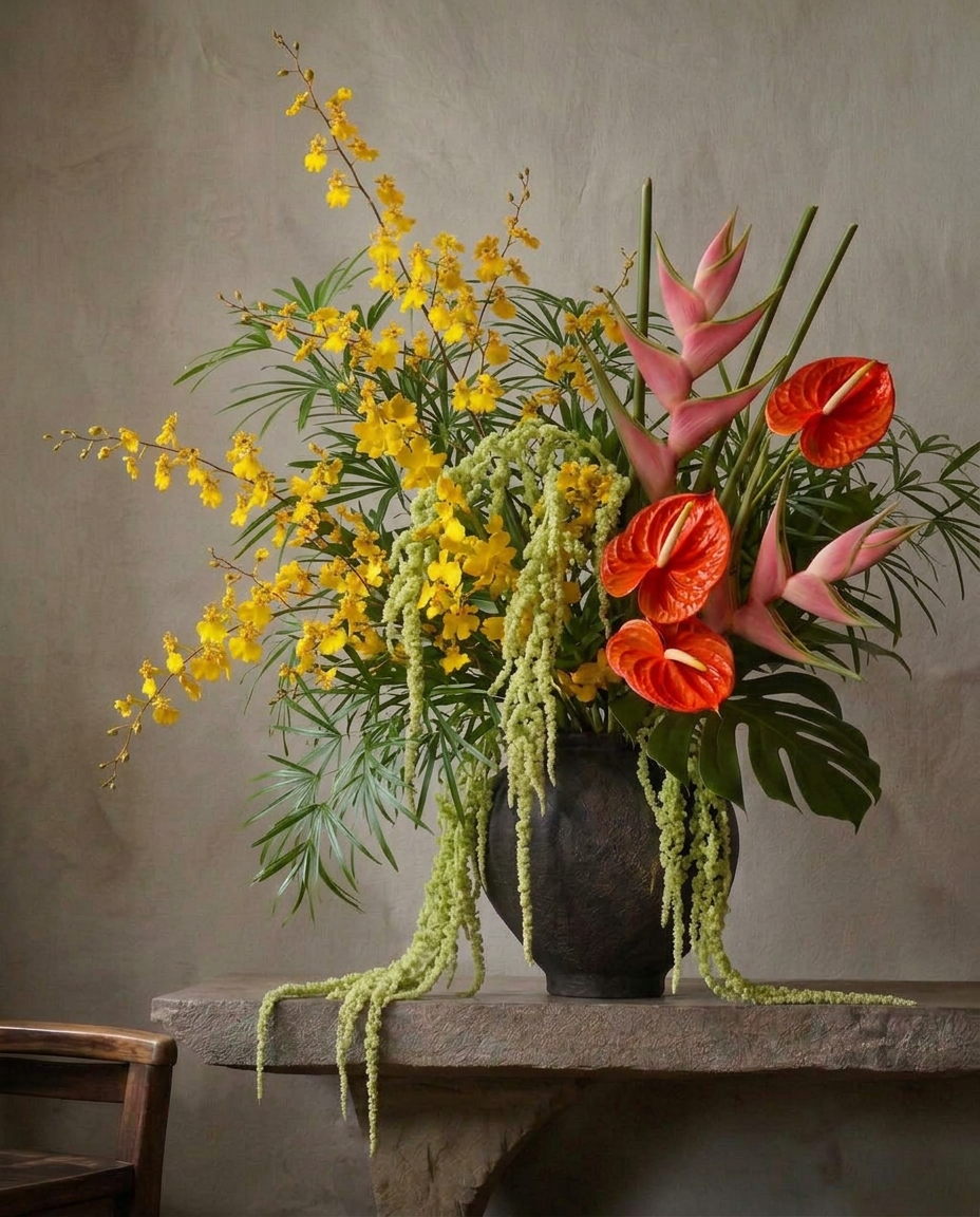 Bright yellow popcorn orchids, pink heliconia, red-orange anthuriums, raphis and trailing green amaranth